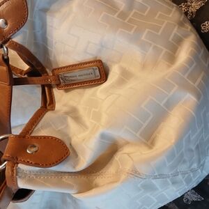 Tommy Hilfiger Cream and Tan Satchel with Textured Design and Leather Strap